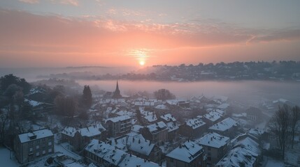 Winter Sunrise over a Foggy Town