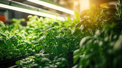 Close-up view of vibrant green leafy plants in a hydroponic system,  under grow lights