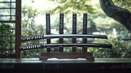 Four katana swords displayed on a wooden stand