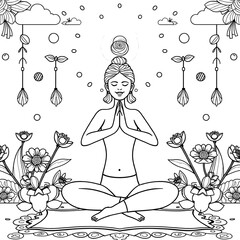  Woman Meditating Amidst Ornate Floral and Mandala Elements for Coloring