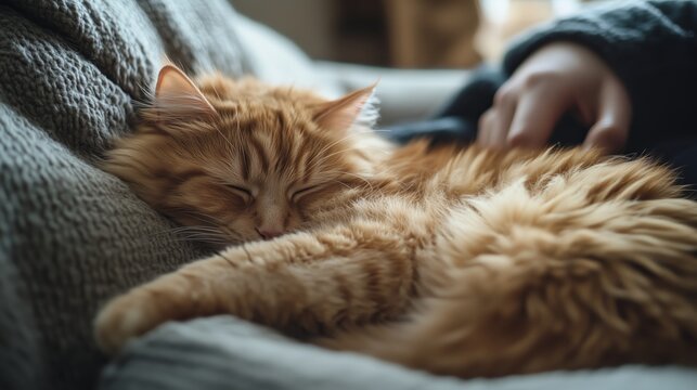 Orange cat peacefully sleeping on a cozy couch while being gently petted by a person during a relaxing afternoon indoors