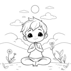 Adorable Cartoon Child Meditating Outdoors - Yoga Day Coloring Page