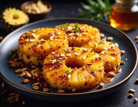 Tranches d'ananas mac&eacute;r&eacute;s dans du rhum et cuits avec du miel avec quelques pignons. Generated image