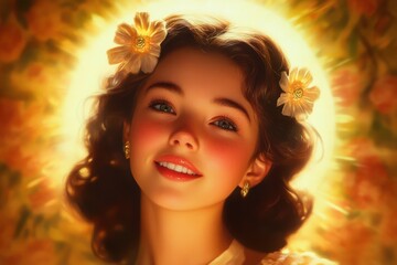 Smiling girl with flowers in her hair radiates joy in a bright, floral-filled garden during golden hour