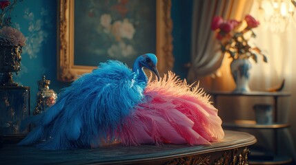 Vibrant bird with dual-toned plumage, nestled on an ornate antique table, within a lavishly decorated room