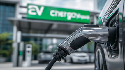 Ergonomic EV Plug at Green Energy Charging Station for Sustainable Vehicles