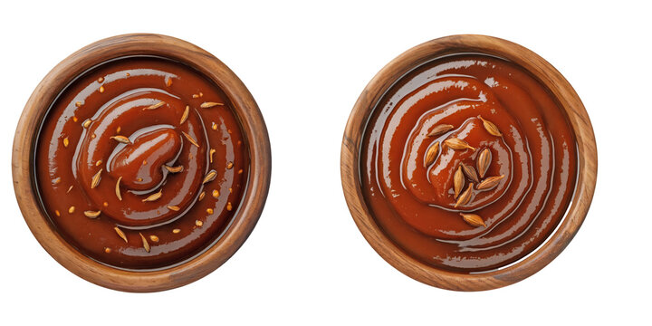 Top view of dark brown tamarind chutney with cumin seeds in wooden bowl, isolated on transparent background, ideal for Indian food product mockups and commercial packaging design