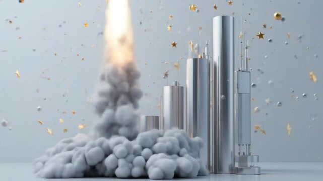 3D shiny silver rocket launches next to tall bar graph. 4k video