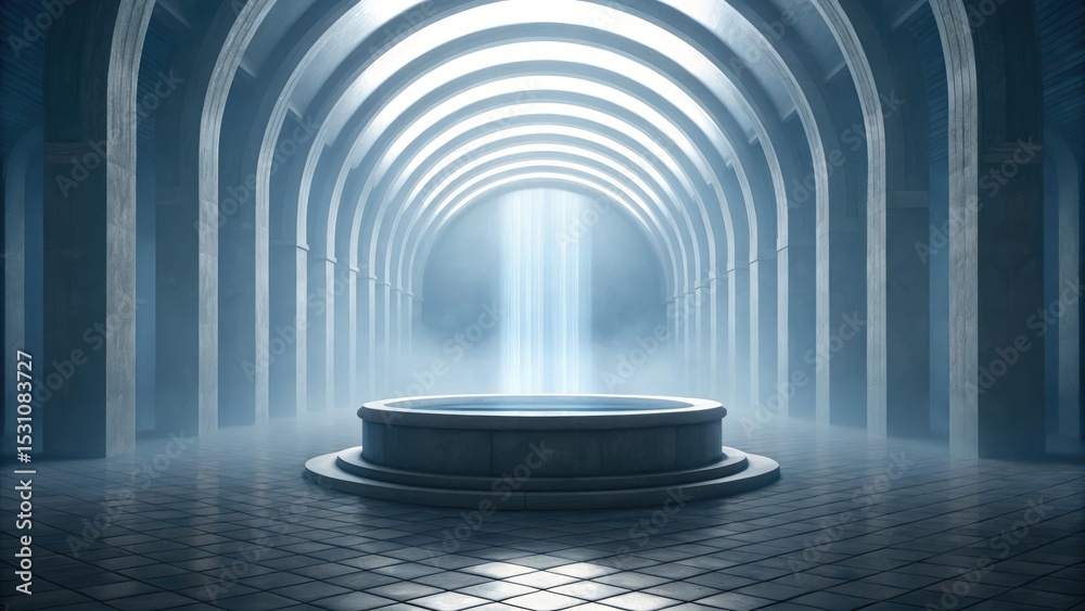 Poster Futuristic space habitat design concept. Mysterious architectural space with illuminated circular platform.