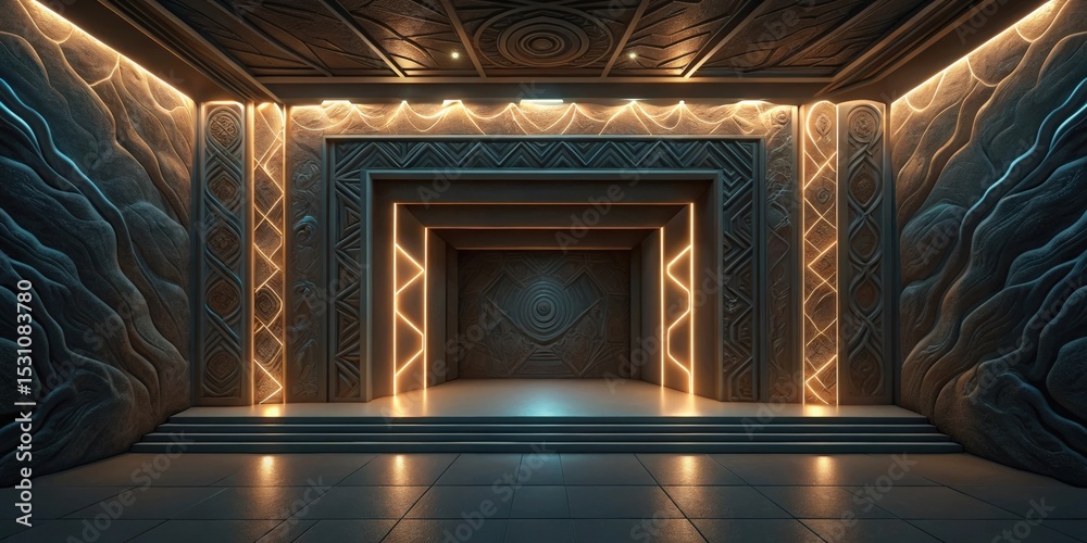 Aufkleber Futuristic space habitat design concept. Dark textured interior with intricate patterns and illuminated features.