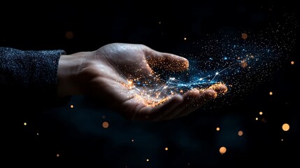 Fototapeta premium Glowing Particles Emanating from a Hand in Dark Space