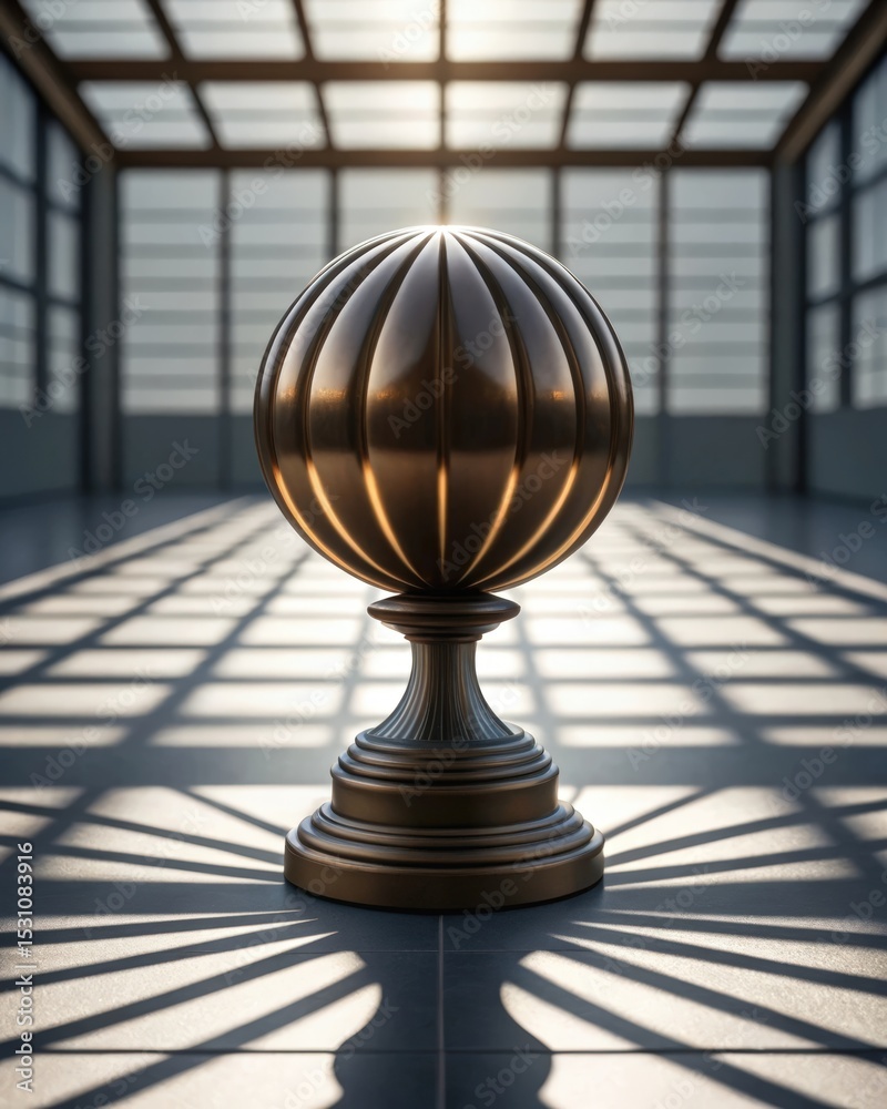 Poster futuristic space habitat design concept. a shiny globe sculpture casting shadows in a modern interio