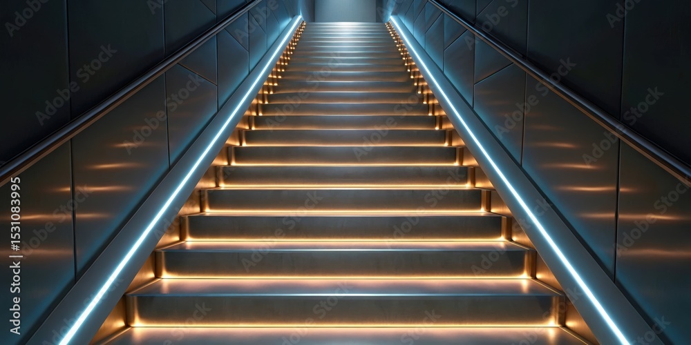 Poster futuristic space habitat design concept. modern illuminated staircase with sleek metallic design.