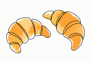 Croissants one line drawing with watercolor fill, minimalistic vector illustration on white background












