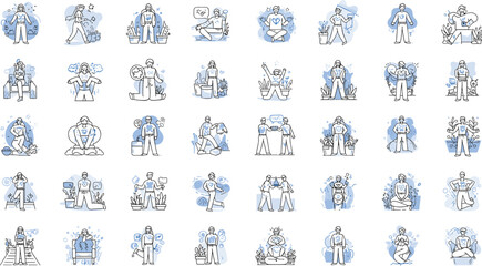 Collection of vector illustrations showing people in different poses and actions for mental wellness, relaxation, fitness, and self-care. flat vector illustration