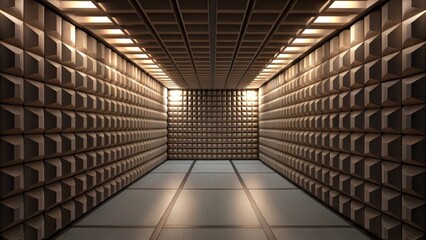 Futuristic space habitat design concept. Soundproof chamber with textured walls and ambient lighting.
