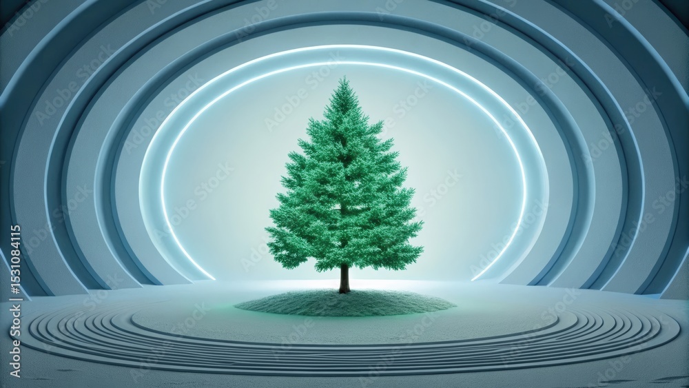 Aufkleber futuristic space habitat design concept. lone tree in a futuristic, circular setting with blue tones