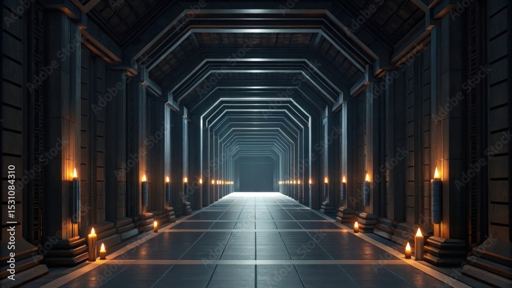 Poster Futuristic space habitat design concept. Mysterious corridor with illuminated pillars and a distant exit.