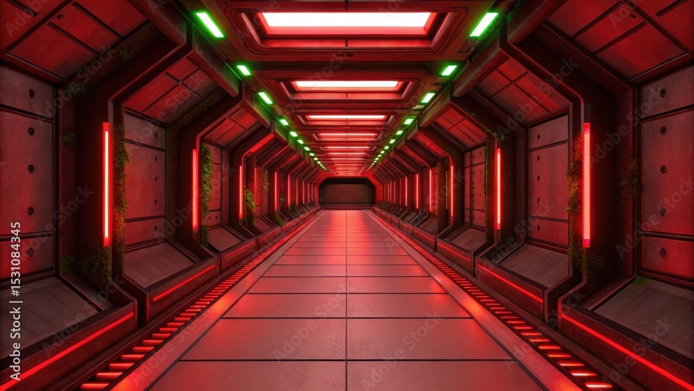 Poster futuristic space habitat design concept. futuristic corridor with red lighting and metallic walls.