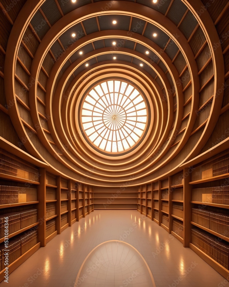 Poster Futuristic space habitat design concept. A grand library with circular architecture and bookshelves lining the walls.