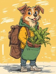Dog carrying a plant in a bag, wearing a backpack and a jacket