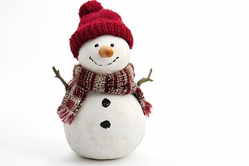 A snowman with a red and black scarf and a hat.  , isolated on white background.