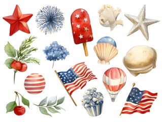 United states of America national symbols for independence day. 4th of July clipart. Balloons, american flag, ice cream, bbq. Watercolor illustrations in retro colors isolated on white