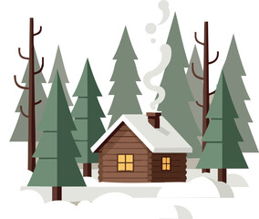 Cozy wooden cabin in snowy pine forest winter landscape vector illustration 