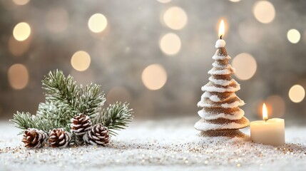 Christmas candle tree with pine cones on snowy surface.
