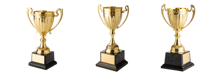 A Set for Three gleaming golden trophies isolated on transparent background