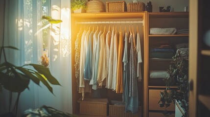 Organized wardrobe with soft natural lighting
