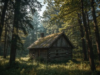 Remote Wooden Cabin in Dense Forest with Afternoon Sunlight