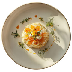 Creamy vegetable salad with dill and golden beet garnish