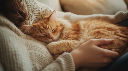 Cozy moment between a person and a sleeping orange cat in a warm living room during the afternoon