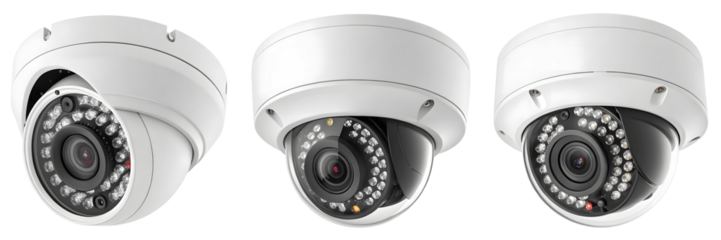 A Set for Three white dome security cameras isolated on transparent background