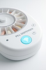 Smart pill dispenser shows glowing notification for medication reminder in home setting