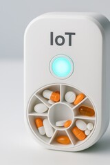 Innovative IoT pill dispenser with glowing indicator showcasing medication management technology