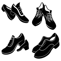 Collection of four pairs of black and white shoes in different styles and orientations on a white background