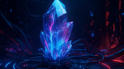 Vibrant futuristic crystal emitting electric energy in a futuristic environment rotates surrounded by cables and glowing lights with blue and magenta energy. High-tech atmosphere, abstract data center - Powered by Adobe