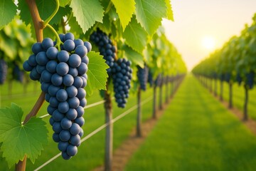 Naklejka premium Close-up of ripe purple grapes hanging on vine in vibrant vineyard with bright sunlight and green blurred background during golden hour light.