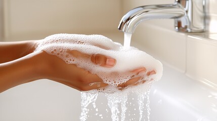 Close-up of hands washing with soap under faucet for hygiene