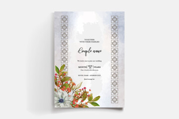 WEDDING INVITATION FRAME WITH FLOWER DECORATIONS AND FRESH LEAVES