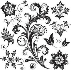 A diverse collection of decorative vector designs, ranging from intricate black and brown floral and scrollwork motifs to vibrant, multi-colored paint splatters and concentric circles, showcasing vari