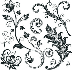 A diverse collection of decorative vector designs, ranging from intricate black and brown floral and scrollwork motifs to vibrant, multi-colored paint splatters and concentric circles, showcasing vari
