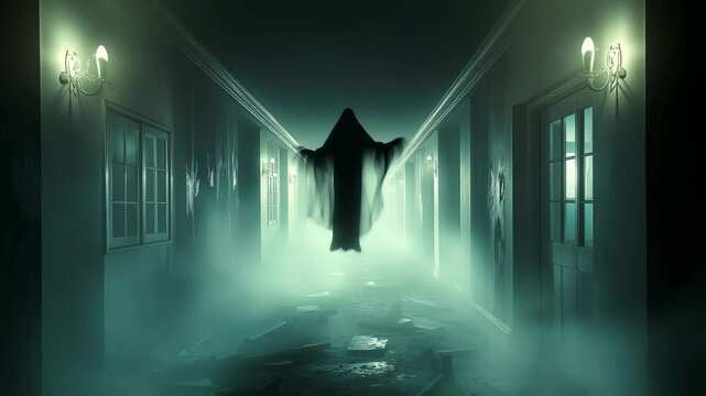Spectral figure floating in dark hallway with wall sconces, surrounded by green mist and broken floor. Supernatural atmosphere with eerie supernatural presence.