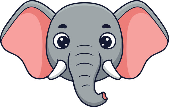 Elephant face illustration with large pink ears and tusks cute animal design vector 