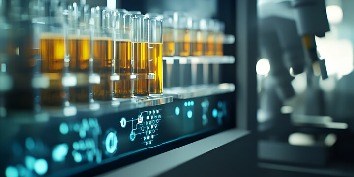 Digital data analysis with laboratory test tubes, Scientific research with test tubes and digital interface, Lab equipment and data visualization in research environment
