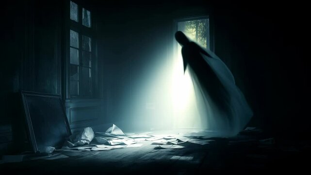 Translucent silhouette materializing through doorway, scattered papers on wooden floor, dim interior with bright exterior light. Supernatural presence entering dark room.