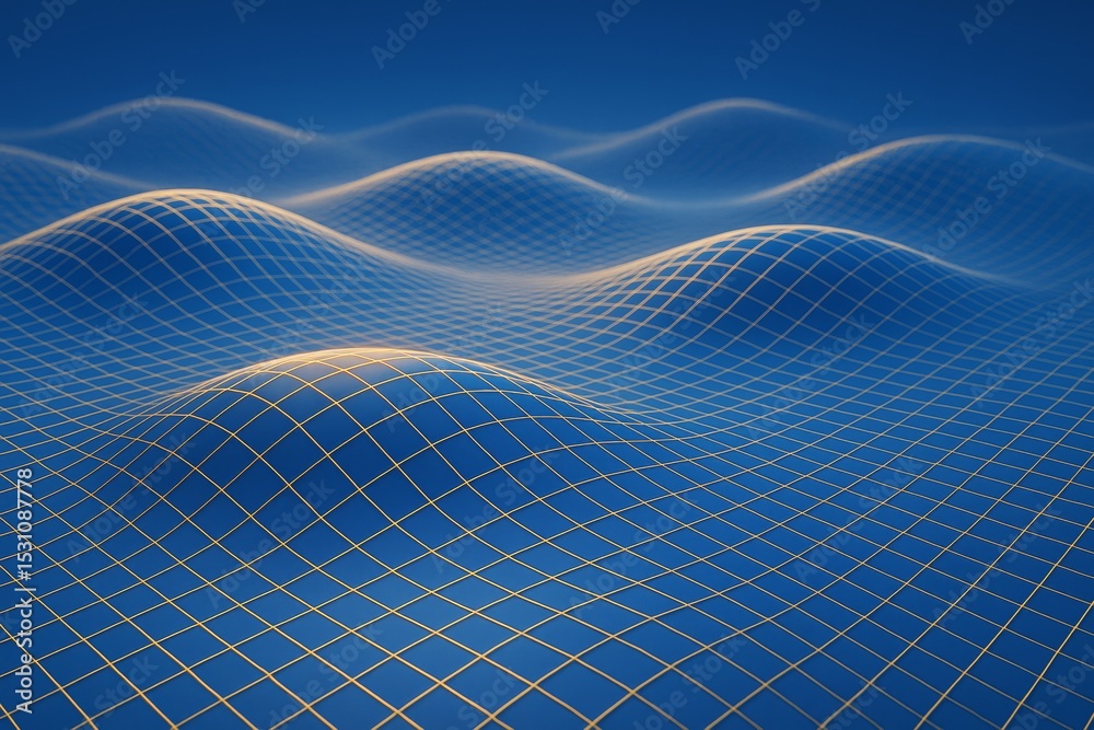 Poster Abstract blue grid waves with glowing lines forming a dynamic digital landscape over smooth undulating surface background in light and graphic style.