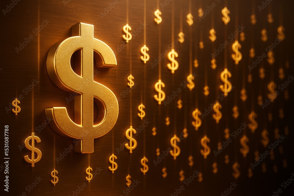 Poster golden dollar signs hanging on strings with glowing light effect on dark background, showcasing a fi